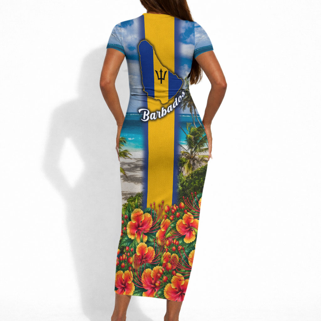 Barbados Trident Coat Of Arms Short Sleeve Bodycon Dress Caribbean Pride Tropical Beach Floral Map