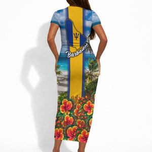 Barbados Trident Coat Of Arms Short Sleeve Bodycon Dress Caribbean Pride Tropical Beach Floral Map