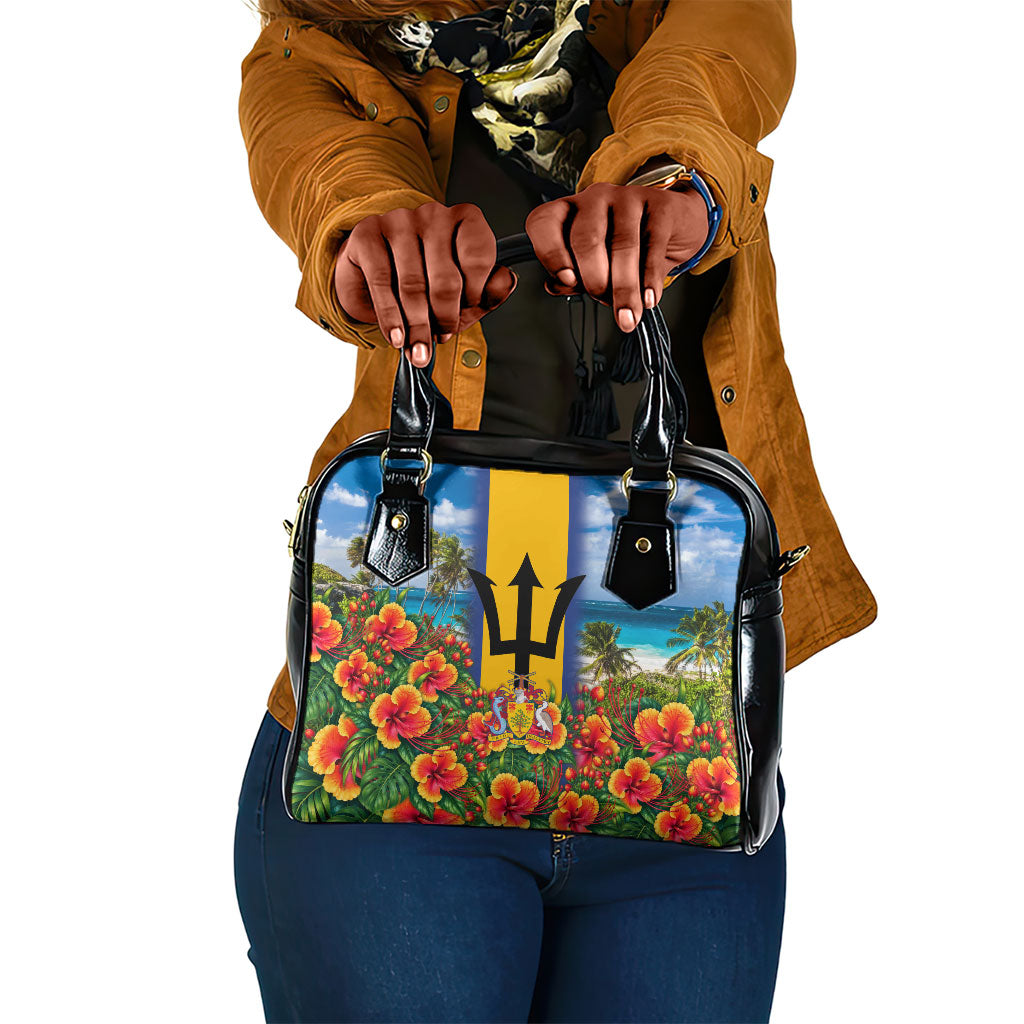 Barbados Trident Coat Of Arms Shoulder Handbag Caribbean Pride Tropical Beach Floral Map