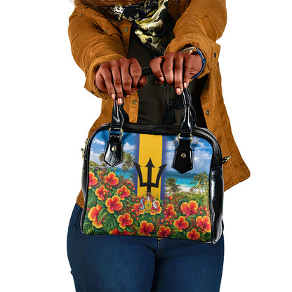 Barbados Trident Coat Of Arms Shoulder Handbag Caribbean Pride Tropical Beach Floral Map