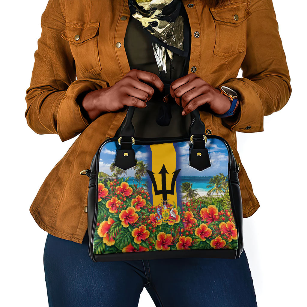 Barbados Trident Coat Of Arms Shoulder Handbag Caribbean Pride Tropical Beach Floral Map