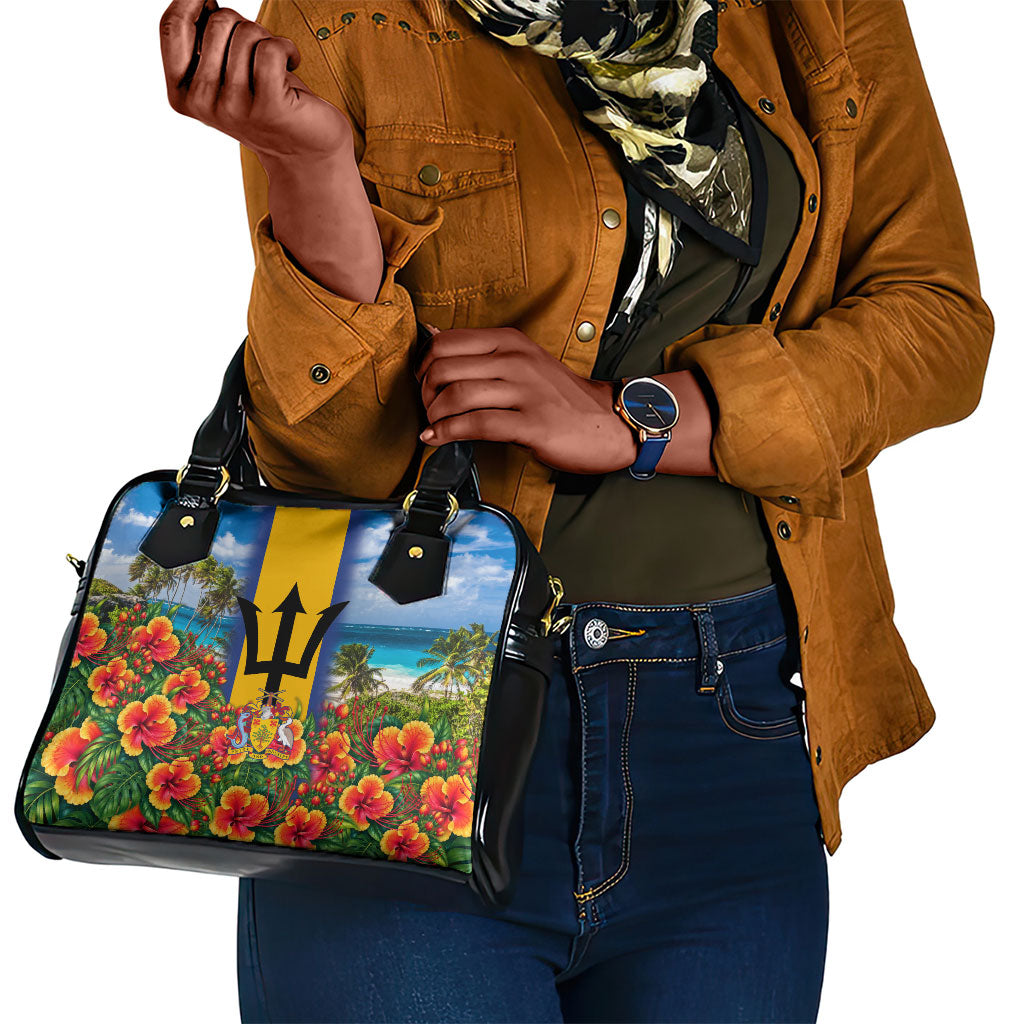 Barbados Trident Coat Of Arms Shoulder Handbag Caribbean Pride Tropical Beach Floral Map