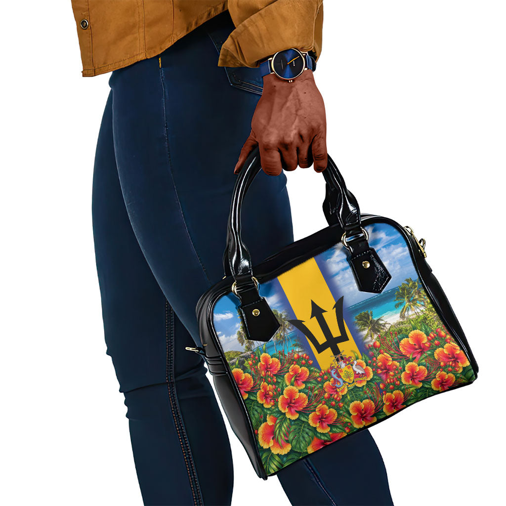 Barbados Trident Coat Of Arms Shoulder Handbag Caribbean Pride Tropical Beach Floral Map