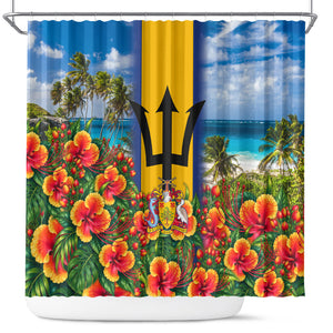 Barbados Trident Coat Of Arms Shower Curtain Caribbean Pride Tropical Beach Floral Map