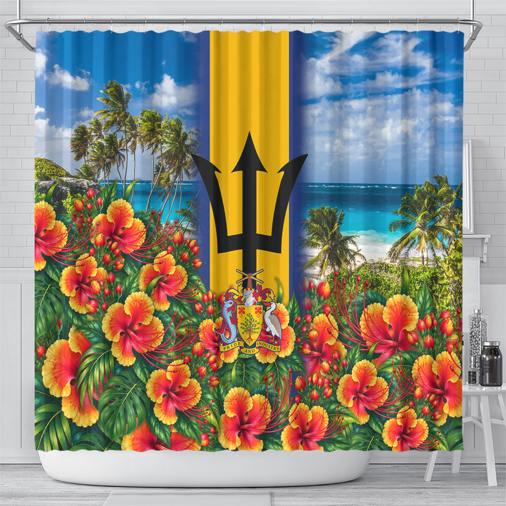 Barbados Trident Coat Of Arms Shower Curtain Caribbean Pride Tropical Beach Floral Map