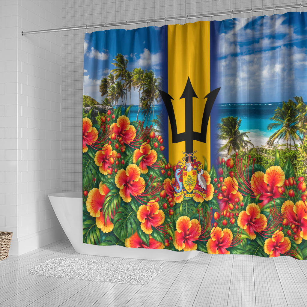 Barbados Trident Coat Of Arms Shower Curtain Caribbean Pride Tropical Beach Floral Map