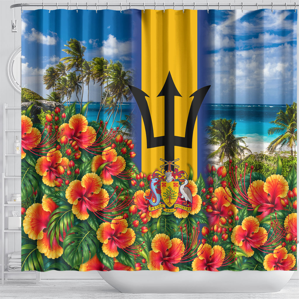 Barbados Trident Coat Of Arms Shower Curtain Caribbean Pride Tropical Beach Floral Map