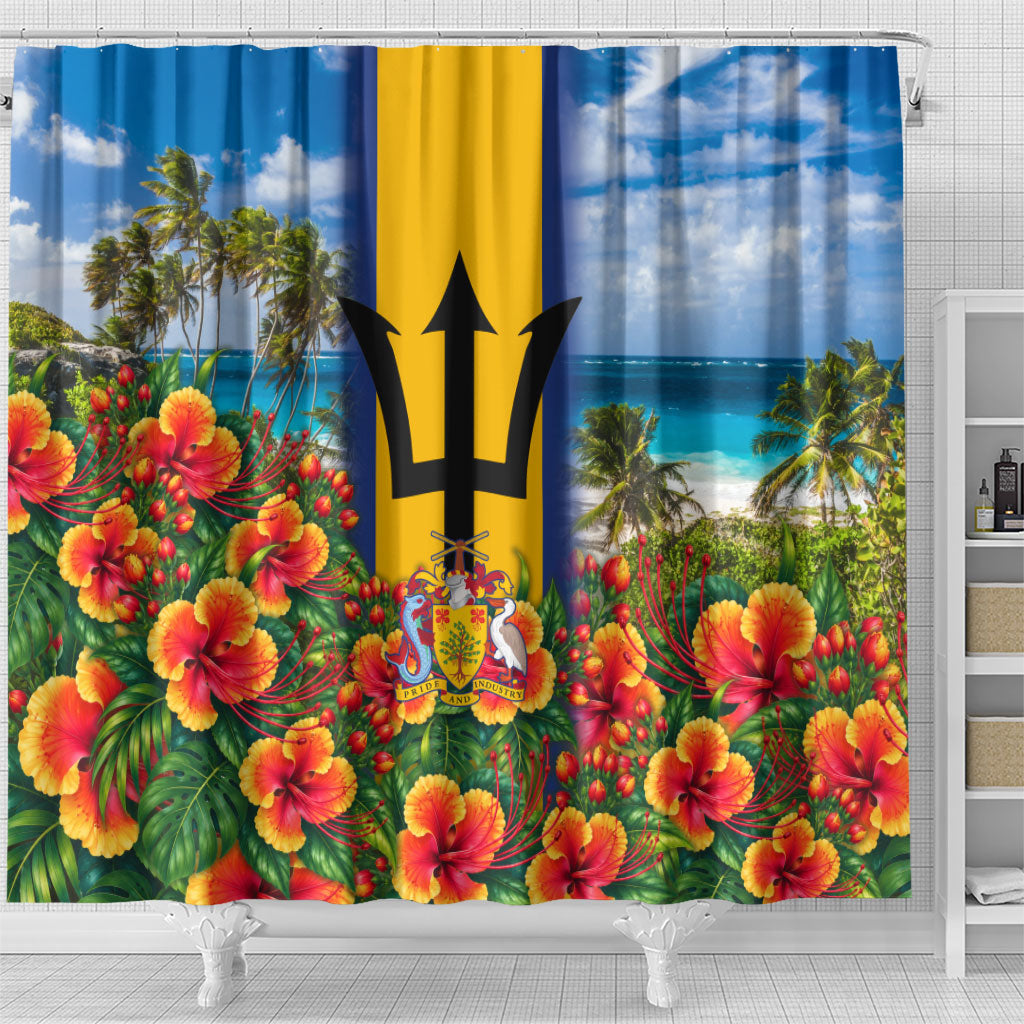 Barbados Trident Coat Of Arms Shower Curtain Caribbean Pride Tropical Beach Floral Map