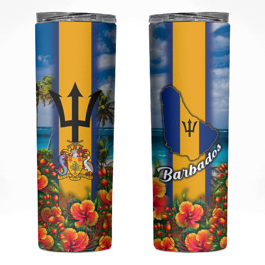 Barbados Trident Coat Of Arms Skinny Tumbler Caribbean Pride Tropical Beach Floral Map