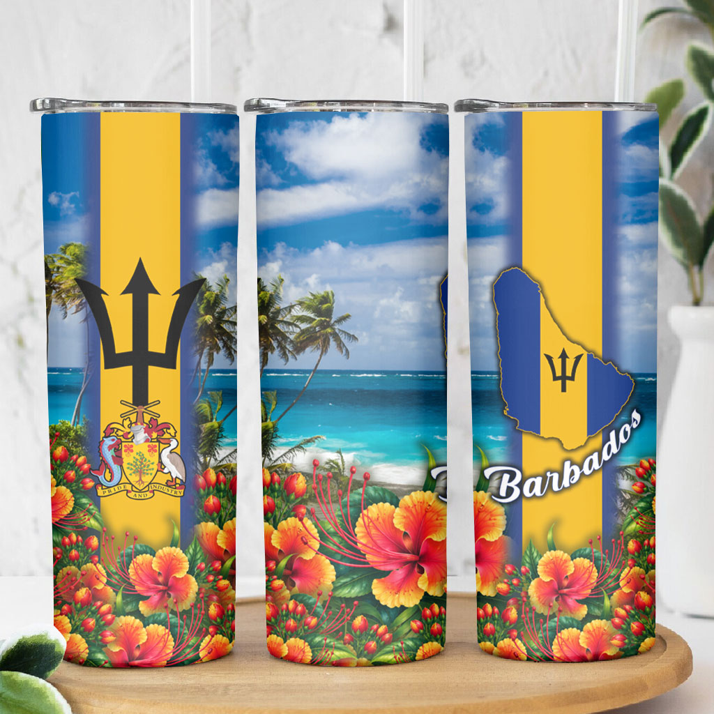 Barbados Trident Coat Of Arms Skinny Tumbler Caribbean Pride Tropical Beach Floral Map