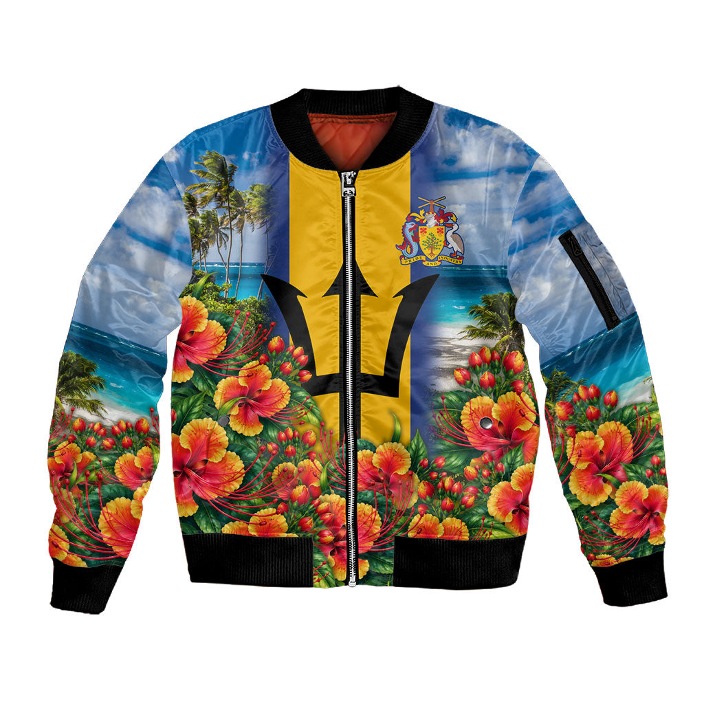 Barbados Trident Coat Of Arms Sleeve Zip Bomber Jacket Caribbean Pride Tropical Beach Floral Map