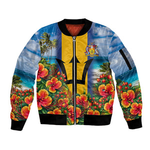 Barbados Trident Coat Of Arms Sleeve Zip Bomber Jacket Caribbean Pride Tropical Beach Floral Map