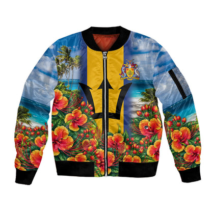 Barbados Trident Coat Of Arms Sleeve Zip Bomber Jacket Caribbean Pride Tropical Beach Floral Map