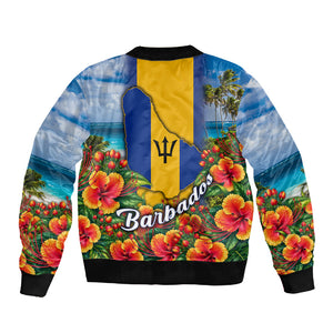 Barbados Trident Coat Of Arms Sleeve Zip Bomber Jacket Caribbean Pride Tropical Beach Floral Map