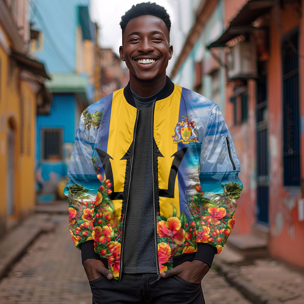 Barbados Trident Coat Of Arms Sleeve Zip Bomber Jacket Caribbean Pride Tropical Beach Floral Map
