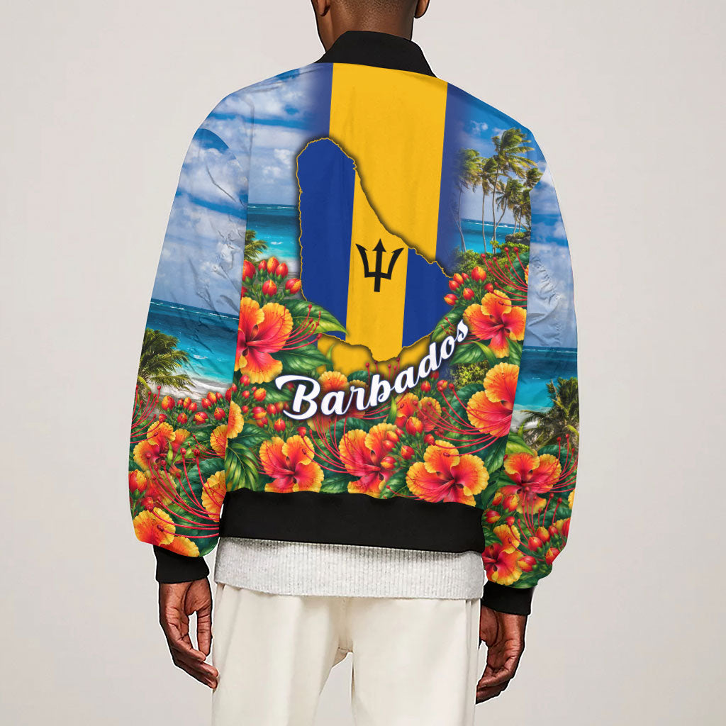 Barbados Trident Coat Of Arms Sleeve Zip Bomber Jacket Caribbean Pride Tropical Beach Floral Map