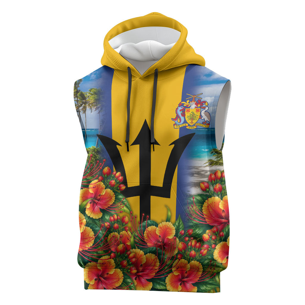 Barbados Trident Coat Of Arms Sleeveless Hoodie Caribbean Pride Tropical Beach Floral Map