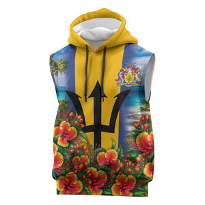 Barbados Trident Coat Of Arms Sleeveless Hoodie Caribbean Pride Tropical Beach Floral Map