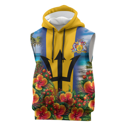 Barbados Trident Coat Of Arms Sleeveless Hoodie Caribbean Pride Tropical Beach Floral Map