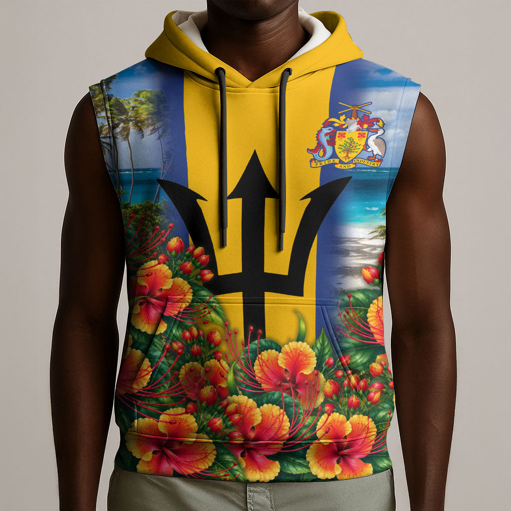 Barbados Trident Coat Of Arms Sleeveless Hoodie Caribbean Pride Tropical Beach Floral Map