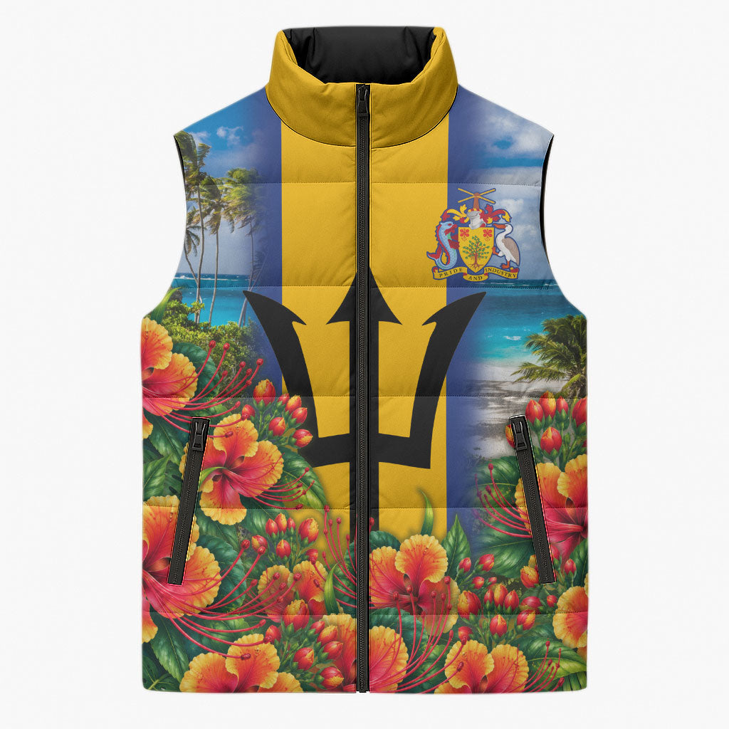 Barbados Trident Coat Of Arms Sleeveless Puffer Jacket Caribbean Pride Tropical Beach Floral Map