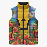 Barbados Trident Coat Of Arms Sleeveless Puffer Jacket Caribbean Pride Tropical Beach Floral Map