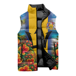 Barbados Trident Coat Of Arms Sleeveless Puffer Jacket Caribbean Pride Tropical Beach Floral Map