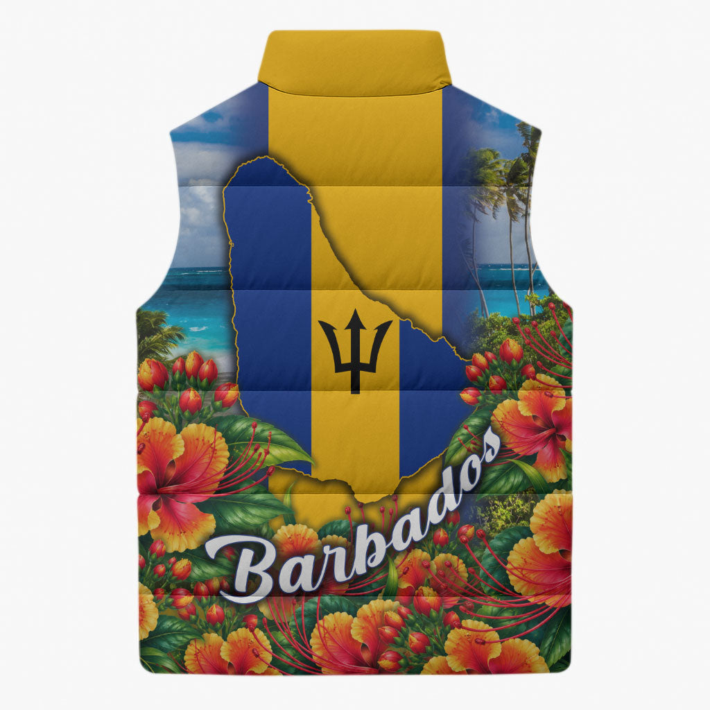 Barbados Trident Coat Of Arms Sleeveless Puffer Jacket Caribbean Pride Tropical Beach Floral Map