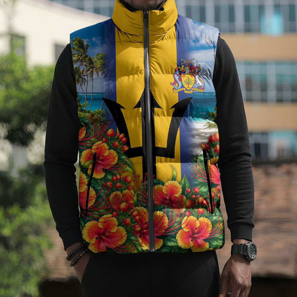 Barbados Trident Coat Of Arms Sleeveless Puffer Jacket Caribbean Pride Tropical Beach Floral Map