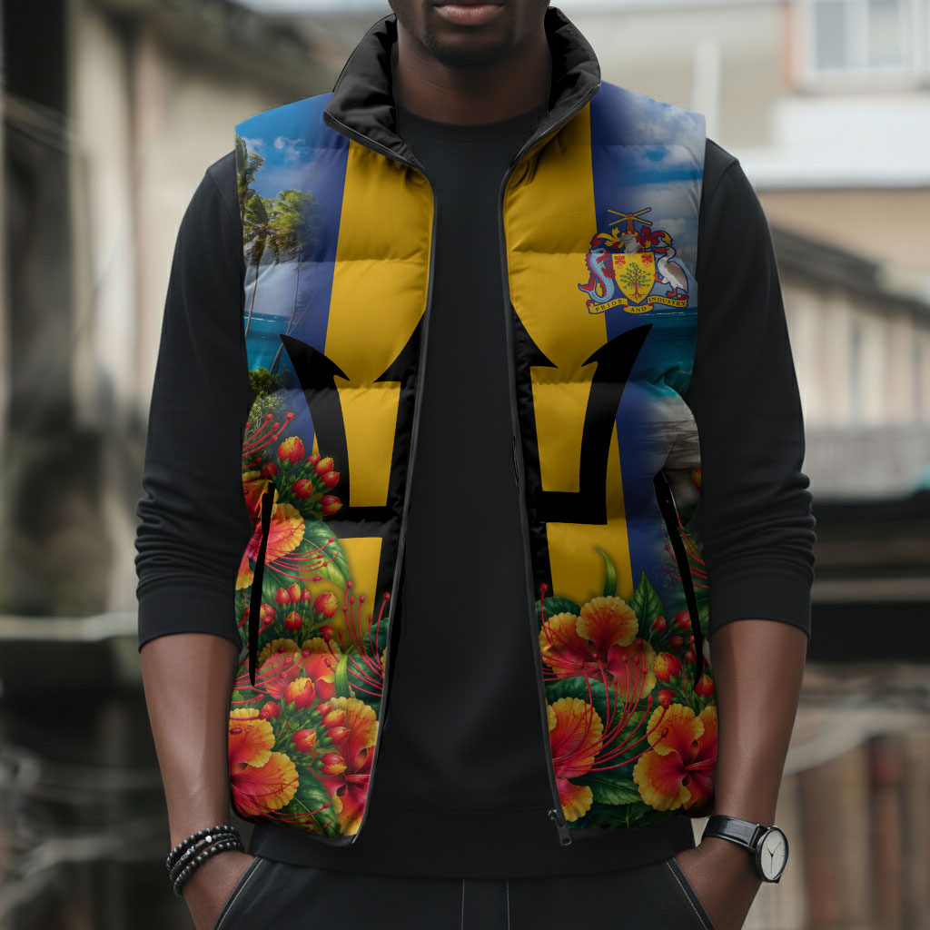 Barbados Trident Coat Of Arms Sleeveless Puffer Jacket Caribbean Pride Tropical Beach Floral Map