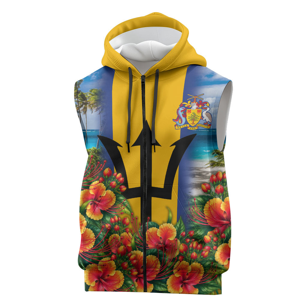 Barbados Trident Coat Of Arms Sleeveless Zip Hoodie Caribbean Pride Tropical Beach Floral Map
