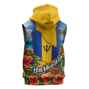 Barbados Trident Coat Of Arms Sleeveless Zip Hoodie Caribbean Pride Tropical Beach Floral Map