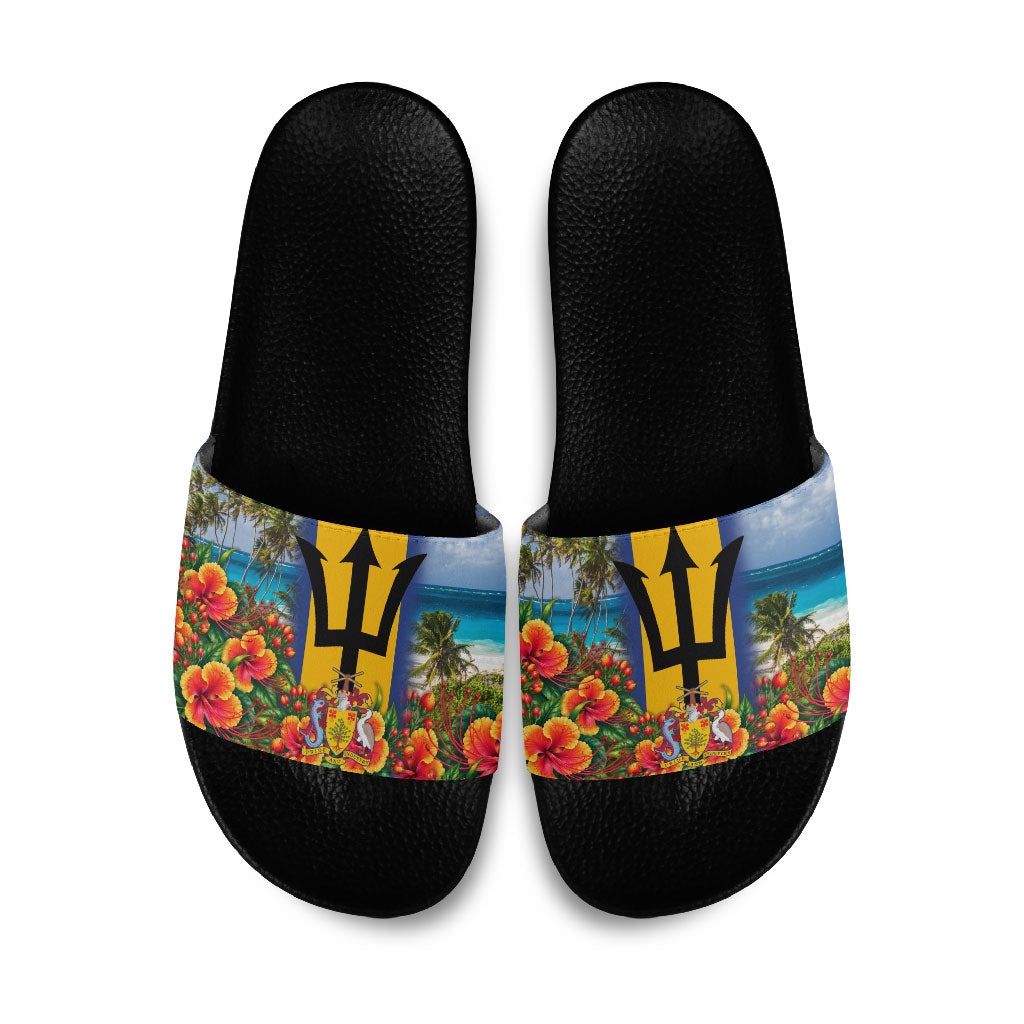 Barbados Trident Coat Of Arms Slide Sandals Caribbean Pride Tropical Beach Floral Map