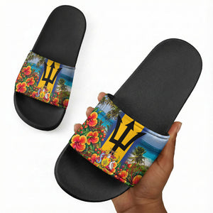 Barbados Trident Coat Of Arms Slide Sandals Caribbean Pride Tropical Beach Floral Map