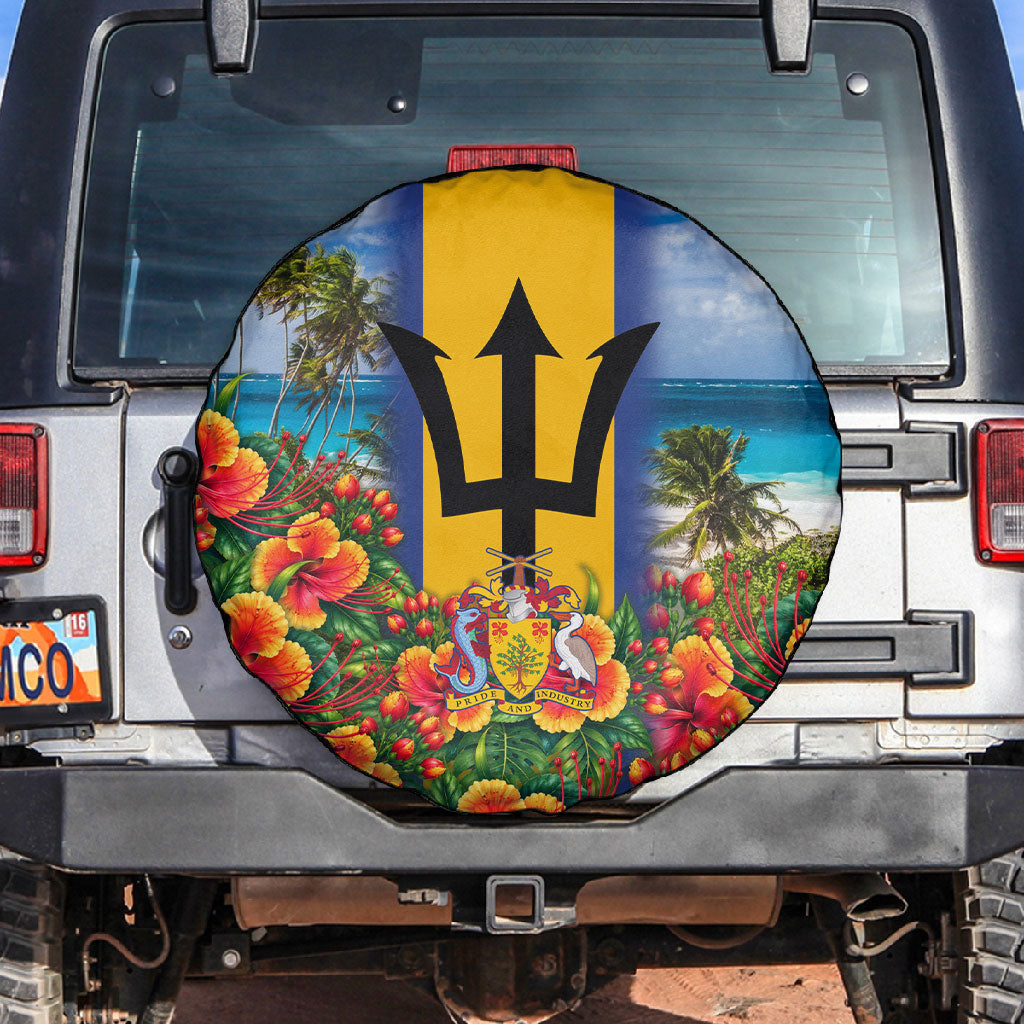 Barbados Trident Coat Of Arms Spare Tire Cover Caribbean Pride Tropical Beach Floral Map
