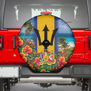 Barbados Trident Coat Of Arms Spare Tire Cover Caribbean Pride Tropical Beach Floral Map