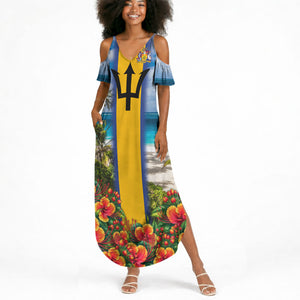 Barbados Trident Coat Of Arms Summer Maxi Dress Caribbean Pride Tropical Beach Floral Map