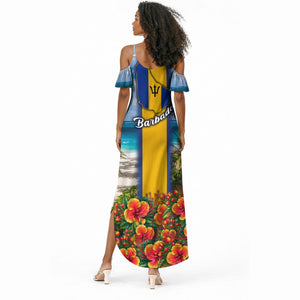 Barbados Trident Coat Of Arms Summer Maxi Dress Caribbean Pride Tropical Beach Floral Map
