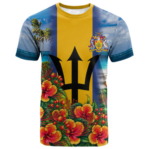 Barbados Trident Coat Of Arms T shirt Caribbean Pride Tropical Beach Floral Map