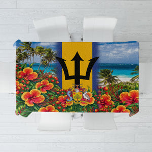 Barbados Trident Coat Of Arms Tablecloth Caribbean Pride Tropical Beach Floral Map