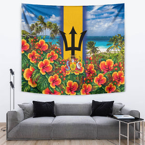 Barbados Trident Coat Of Arms Tapestry Caribbean Pride Tropical Beach Floral Map