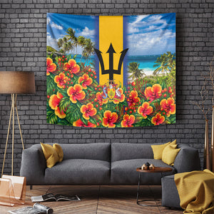 Barbados Trident Coat Of Arms Tapestry Caribbean Pride Tropical Beach Floral Map