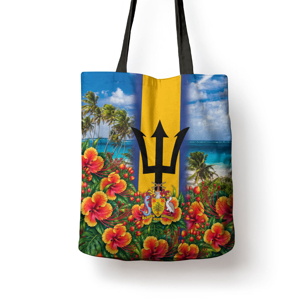Barbados Trident Coat Of Arms Tote Bag Caribbean Pride Tropical Beach Floral Map