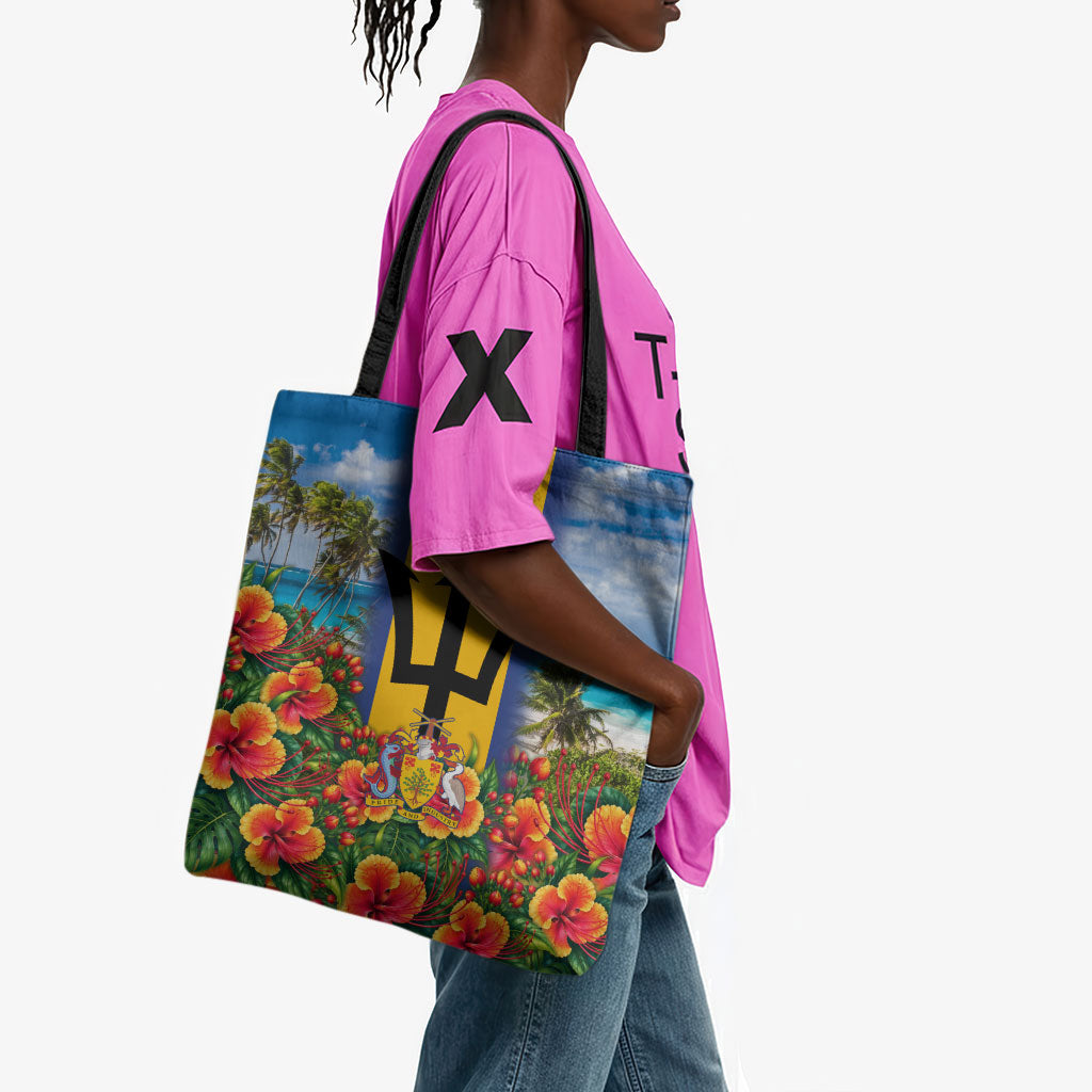 Barbados Trident Coat Of Arms Tote Bag Caribbean Pride Tropical Beach Floral Map