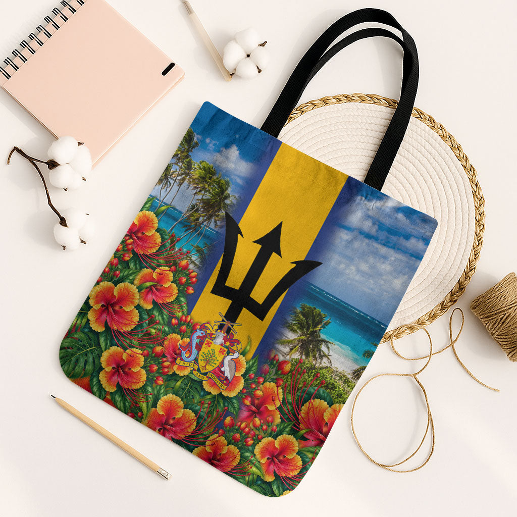 Barbados Trident Coat Of Arms Tote Bag Caribbean Pride Tropical Beach Floral Map