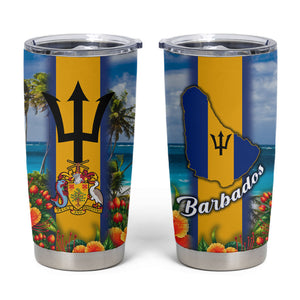 Barbados Trident Coat Of Arms Tumbler Cup Caribbean Pride Tropical Beach Floral Map