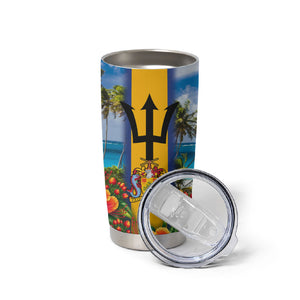 Barbados Trident Coat Of Arms Tumbler Cup Caribbean Pride Tropical Beach Floral Map