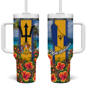 Barbados Trident Coat Of Arms Tumbler With Handle Caribbean Pride Tropical Beach Floral Map