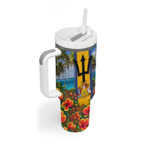 Barbados Trident Coat Of Arms Tumbler With Handle Caribbean Pride Tropical Beach Floral Map