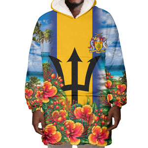 Barbados Trident Coat Of Arms Wearable Blanket Hoodie Caribbean Pride Tropical Beach Floral Map